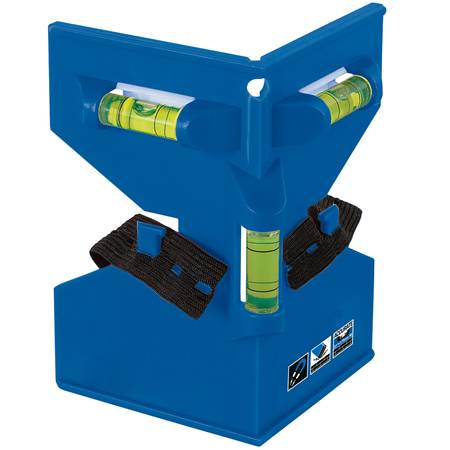 A blue post level with three bubble level vials is on the white background.